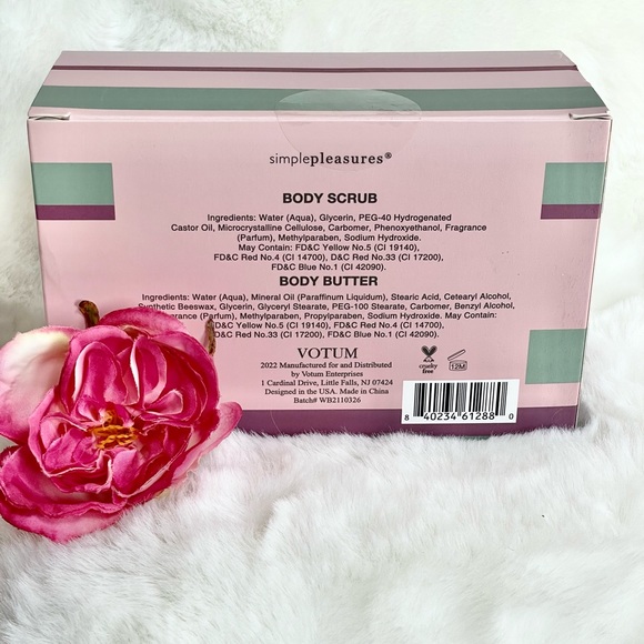 New with tag SIMPLE PLEASURES 2PC BODY CARE SET SWEET PETALS BODY SCRUB & BUTTER - Picture 3 of 3